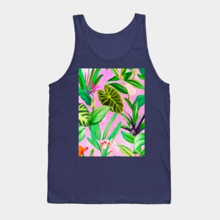 Stylish Tropical floral leaves and foliage botanical illustration, botanical pattern, tropical plants, pink leaves pattern over a Tank Top